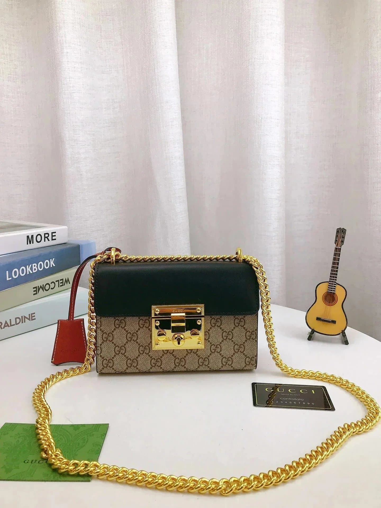 Gucci GG Supreme Small Shoulder Bag with Gold Chain