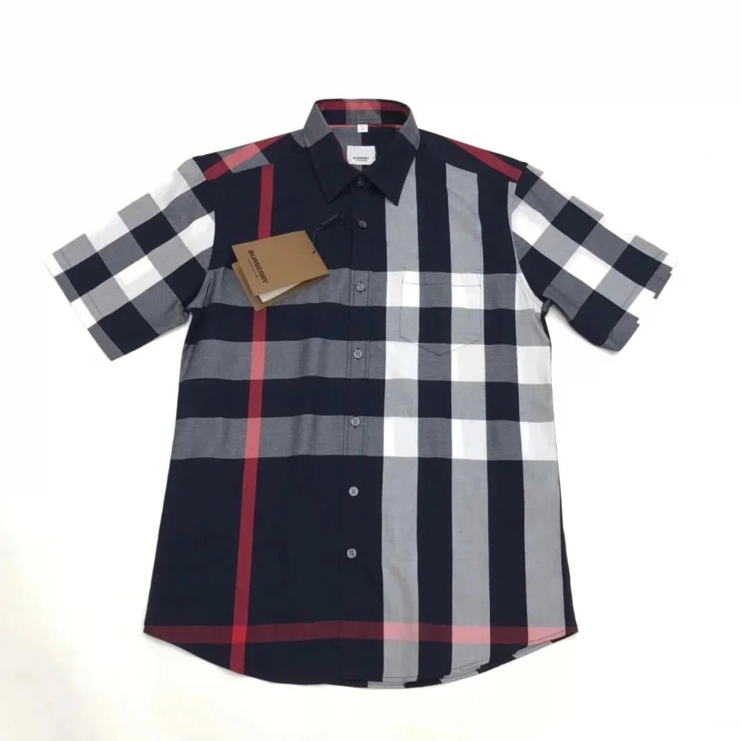 Burberry Check Short Sleeve Shirt Navy Grey Red