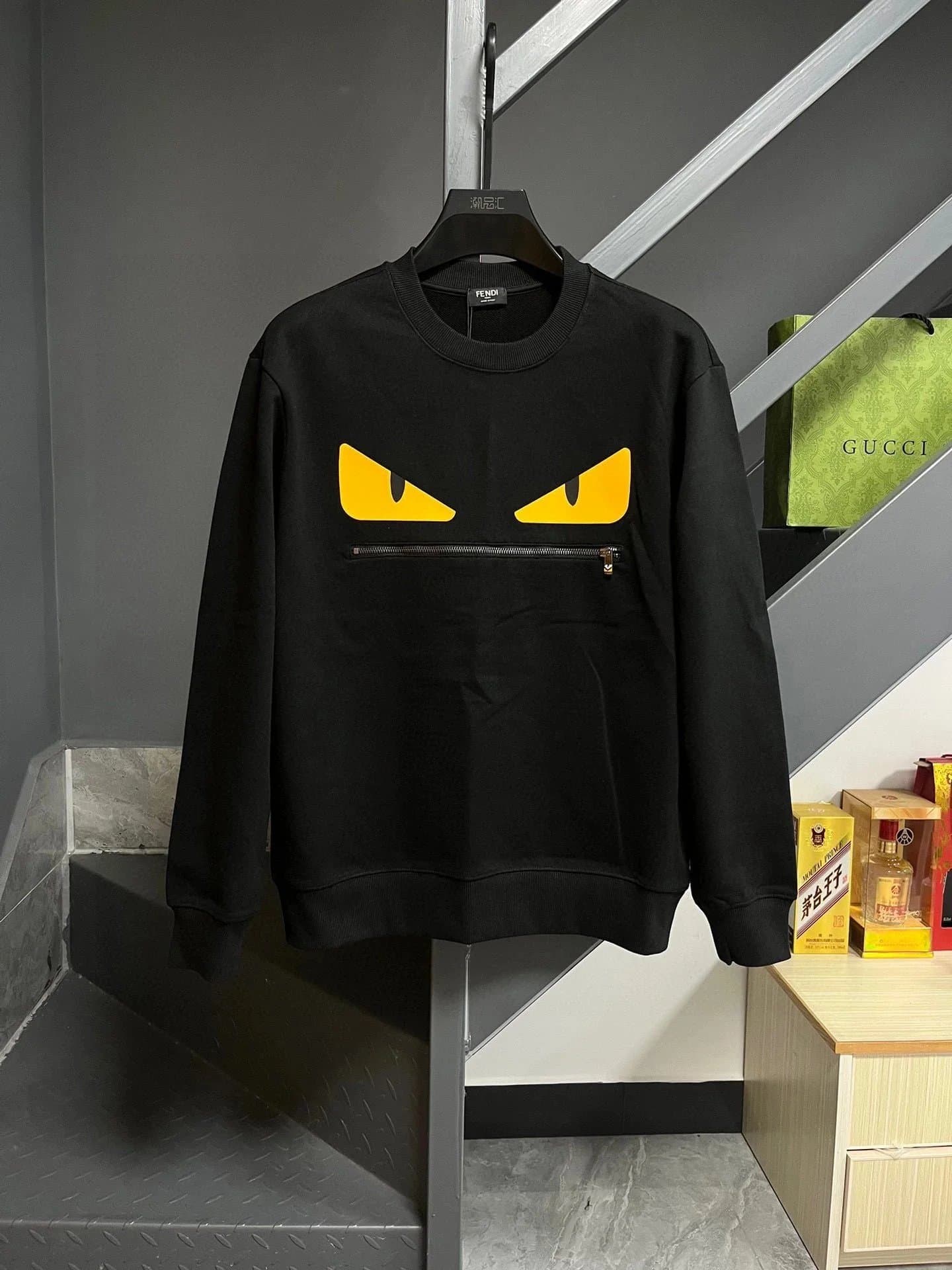 Fendi Black Monster Eyes Sweatshirt with Zip Pocket