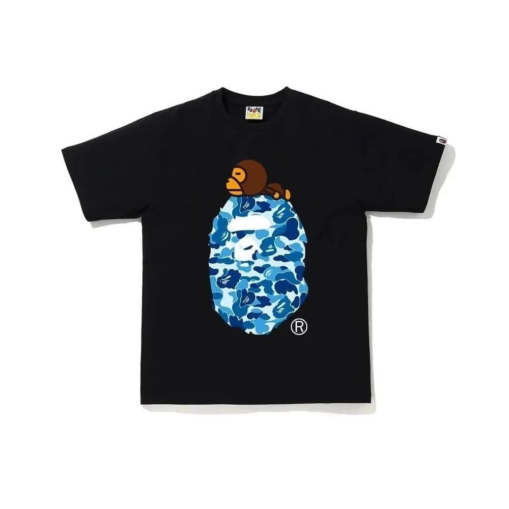 Black BAPE T-Shirt with Blue Camo Ape Head & Monkey
