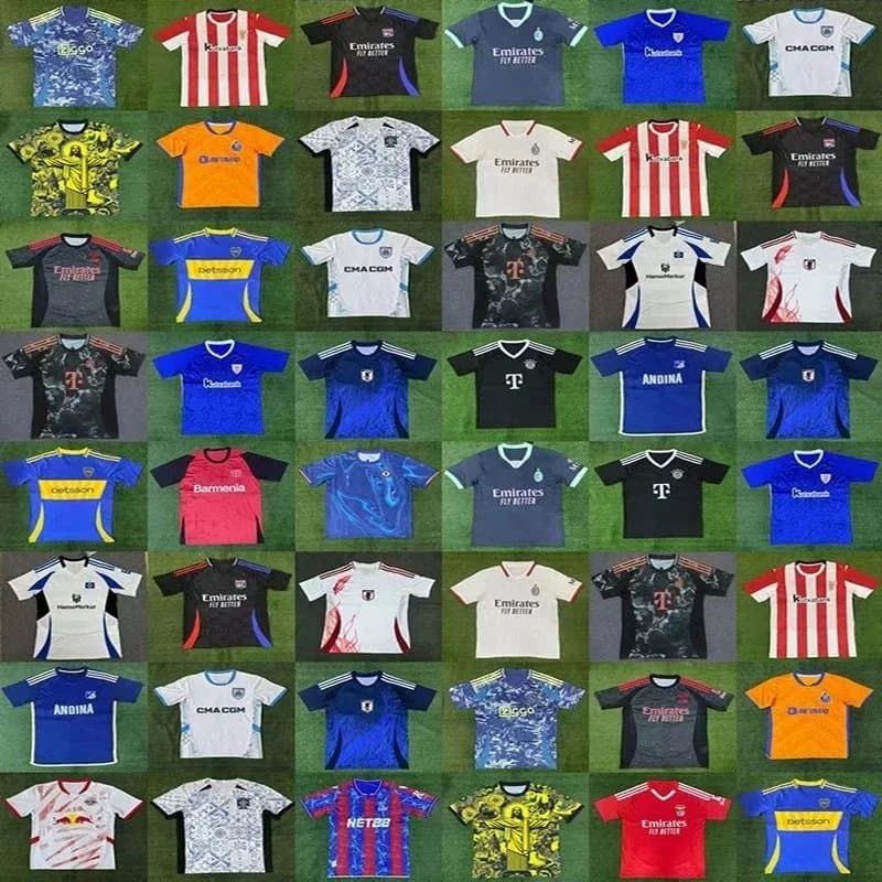 Assorted Soccer Jerseys with Team Logos and Sponsorships