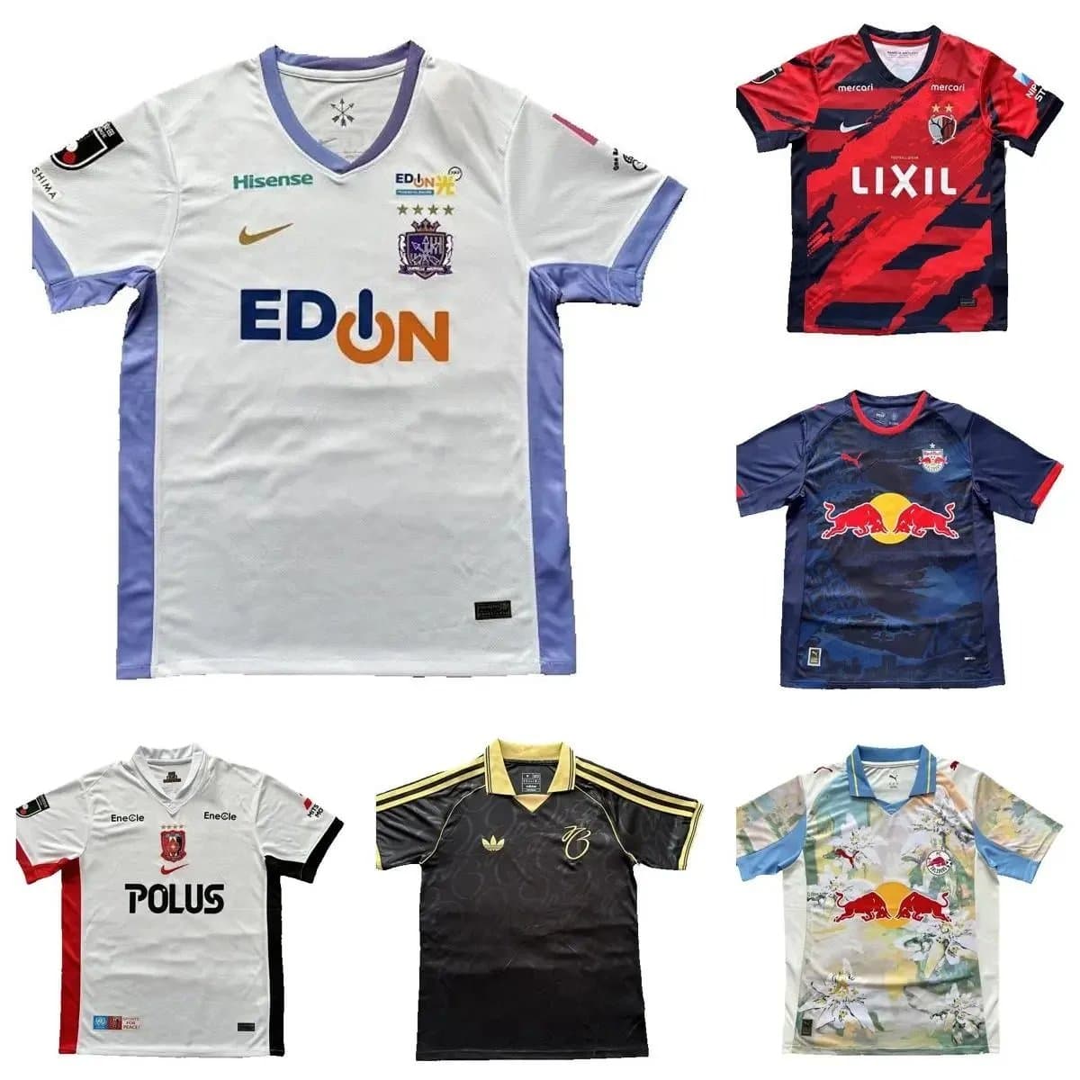 Assorted Soccer Jerseys with Team Logos and Sponsorships