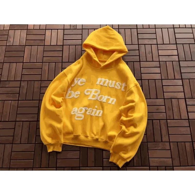 Yellow Hoodie with 'You Must Be Born Again' Embroidery