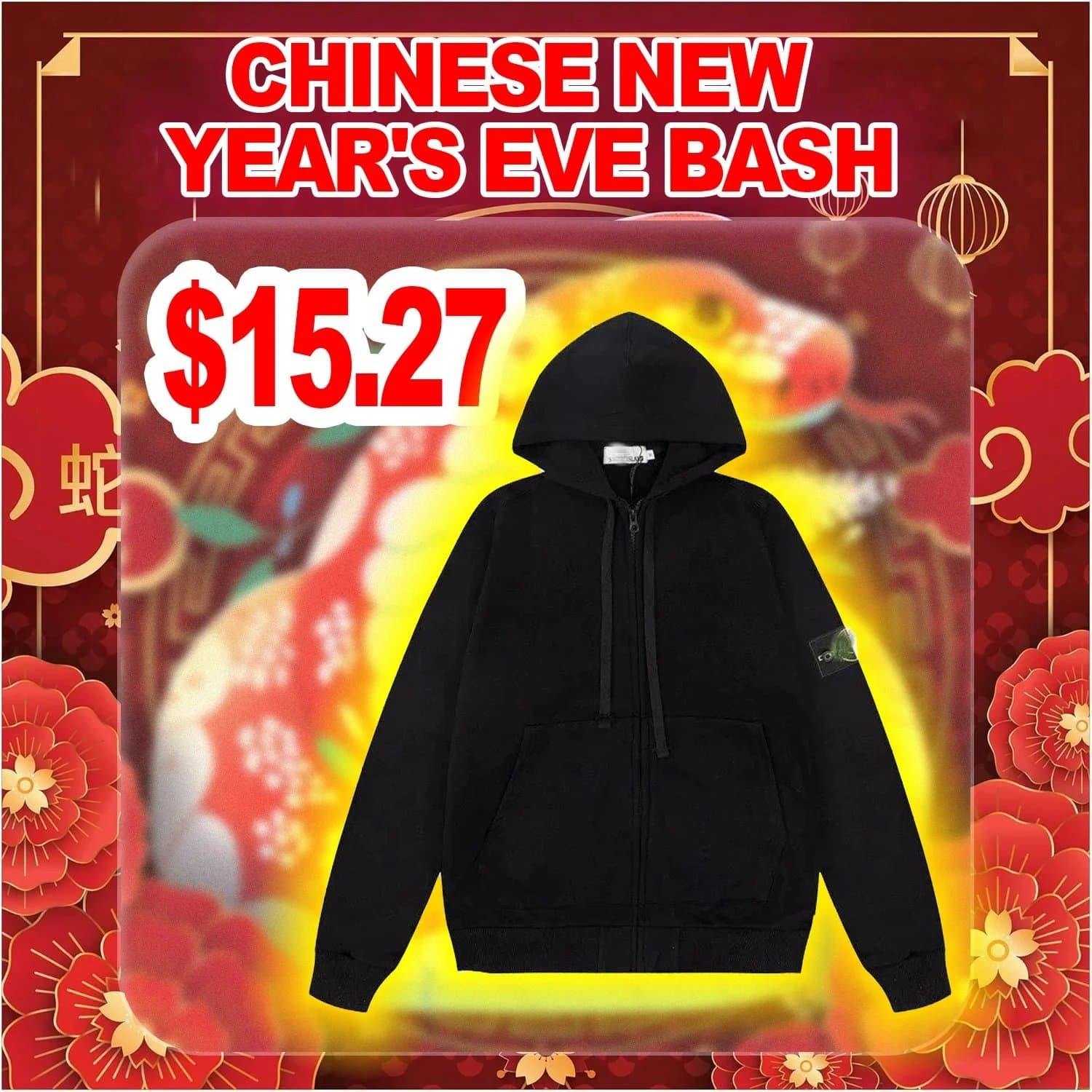 Black Zip-Up Hoodie with Patch - Chinese New Year Sale