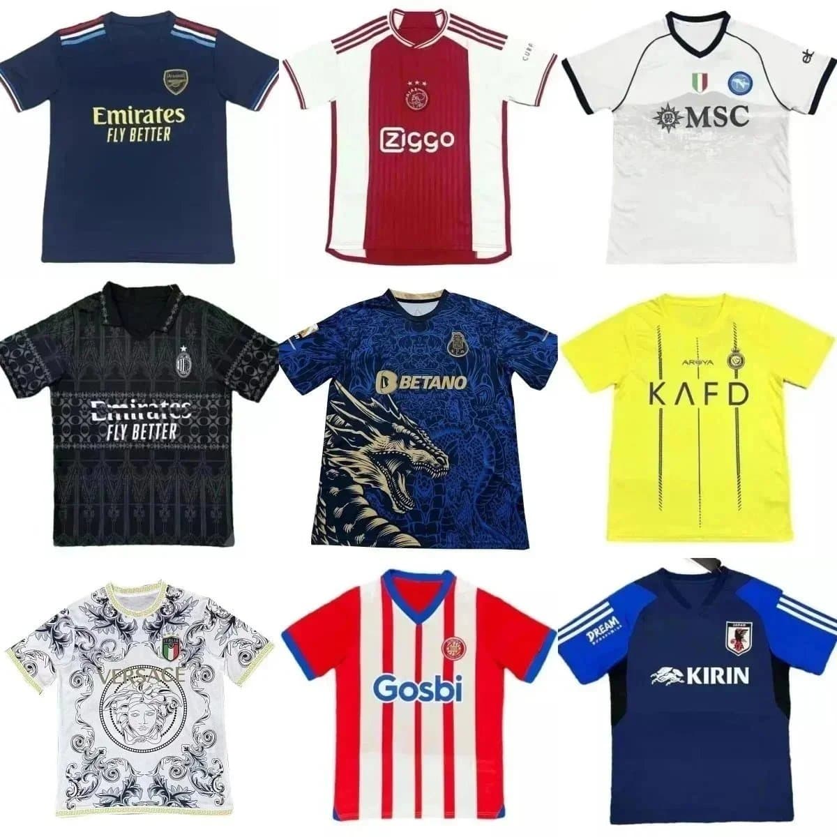 Football Jerseys Collection with Team Logos and Sponsor Brands