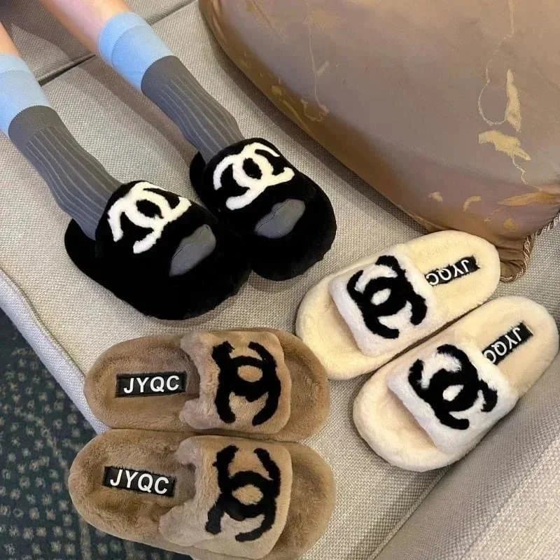 JYQC Fuzzy Logo Slides in Black, Beige and Cream