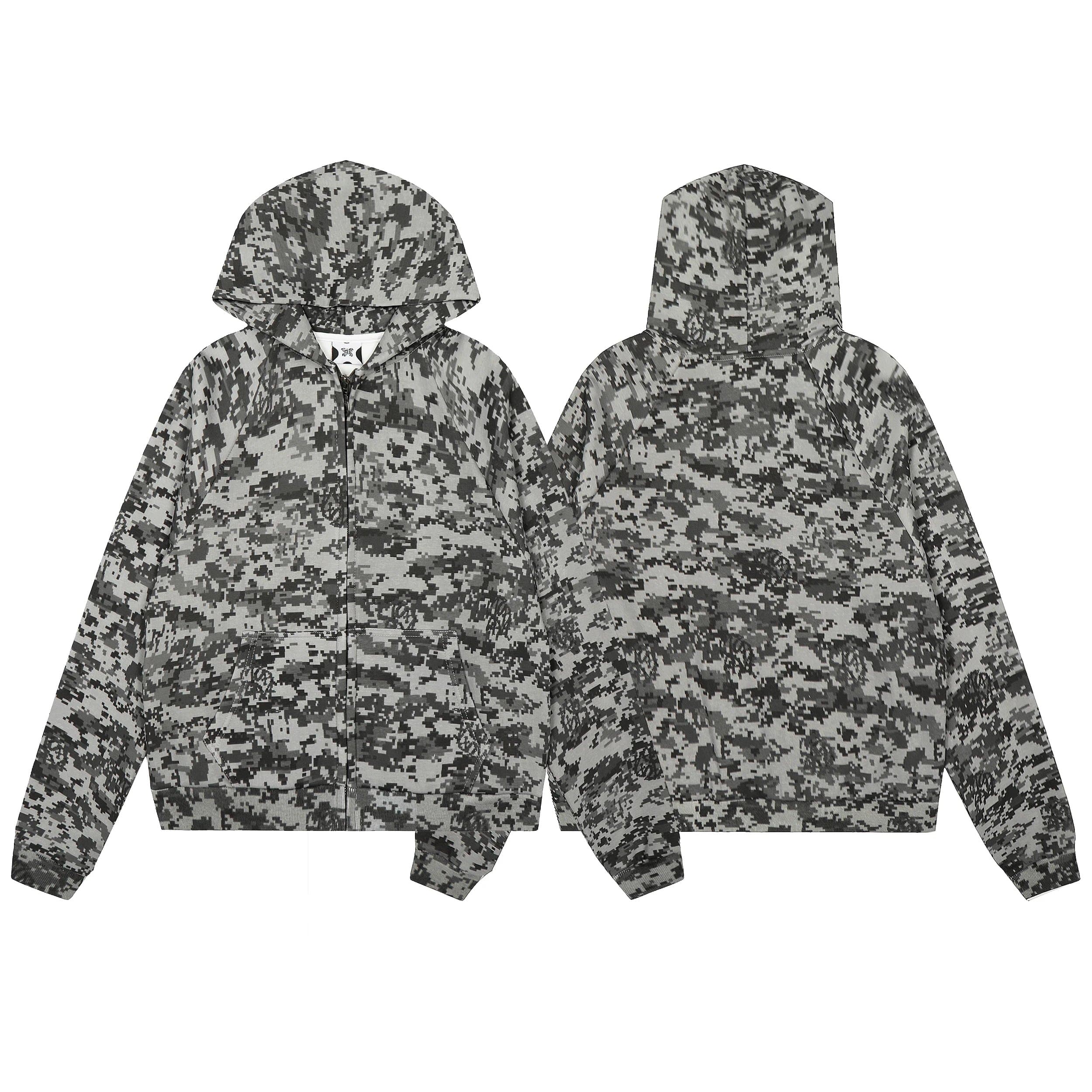 Digital Camo Zip-Up Hoodie - Gray Black Pixel Pattern